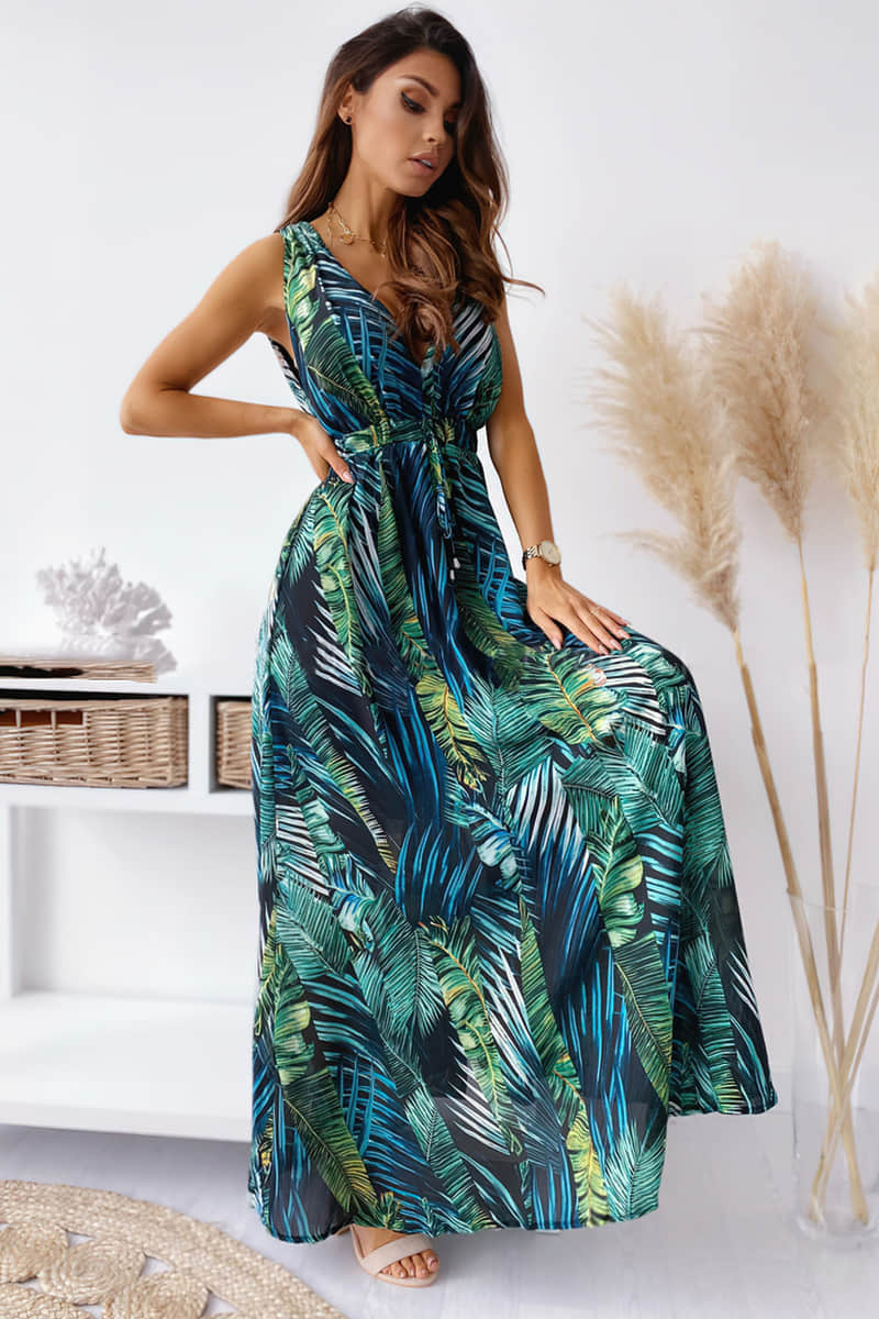 Women's summer print tie dress Green / L | YonPop