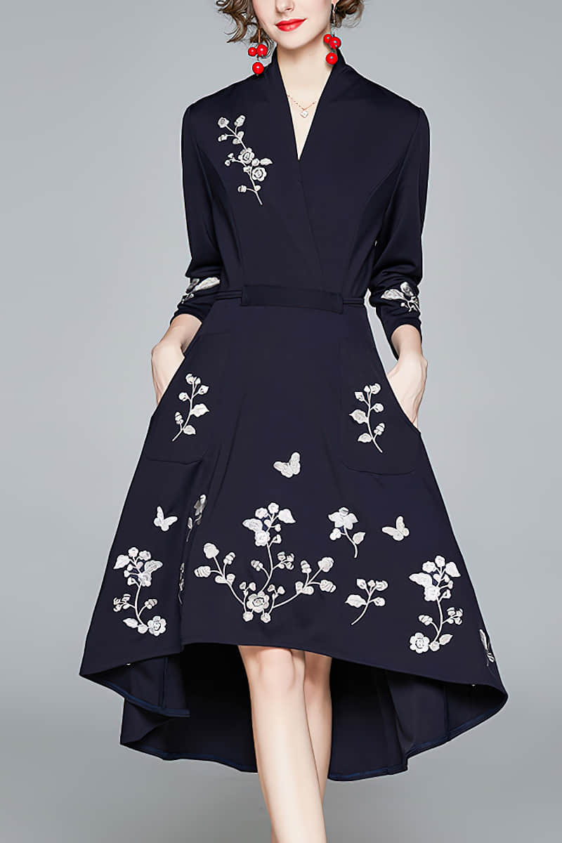 Spring V-neck embroidered dress 2XL | YonPop