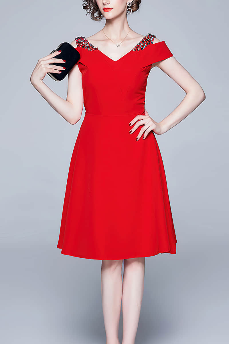 Off-the-shoulder A-line dinner dress Red / M | YonPop