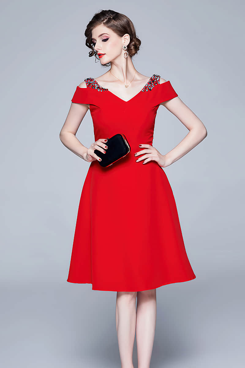 Off-the-shoulder A-line dinner dress Red / L | YonPop