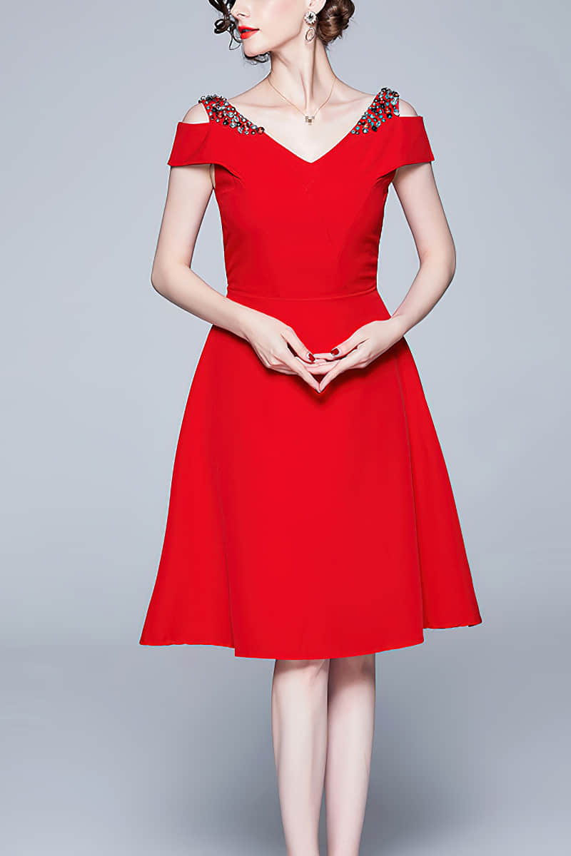Off-the-shoulder A-line dinner dress Red / XL | YonPop