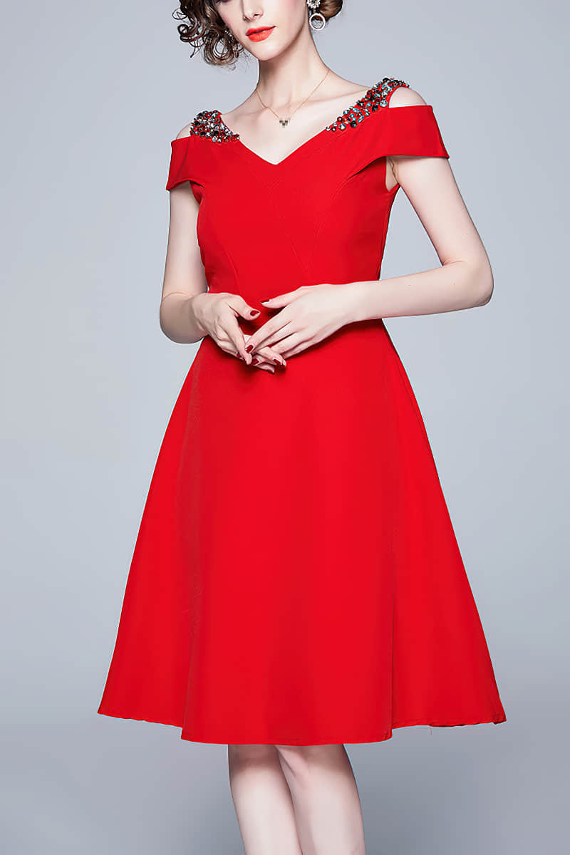 Off-the-shoulder A-line dinner dress Red / 2XL | YonPop