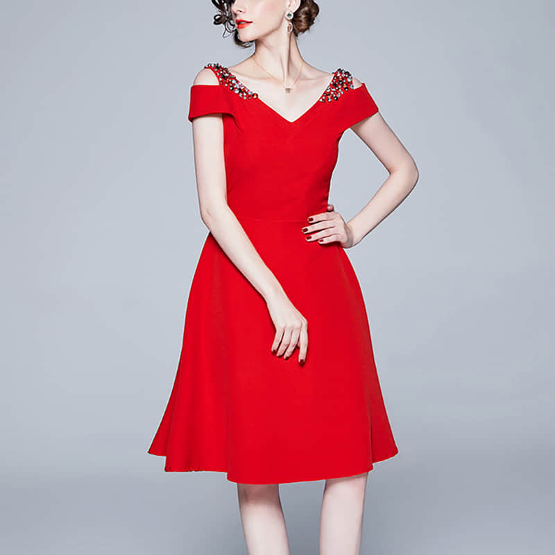 Off-the-shoulder A-line dinner dress Red / S | YonPop
