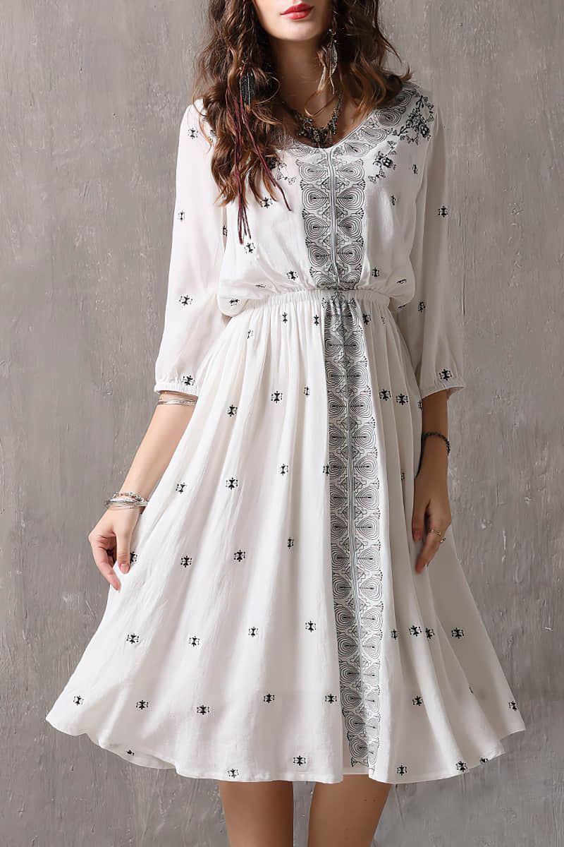 Vintage embroidered three-quarter sleeve dress S | YonPop