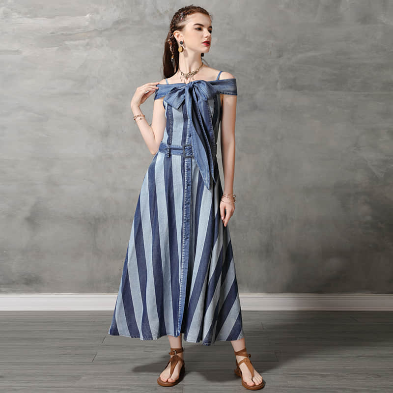 One-line neck camisole big swing skirt denim striped dress  | YonPop