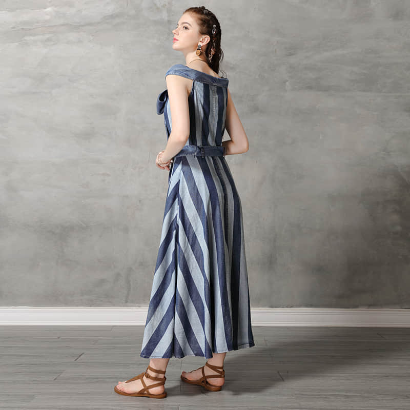 One-line neck camisole big swing skirt denim striped dress  | YonPop