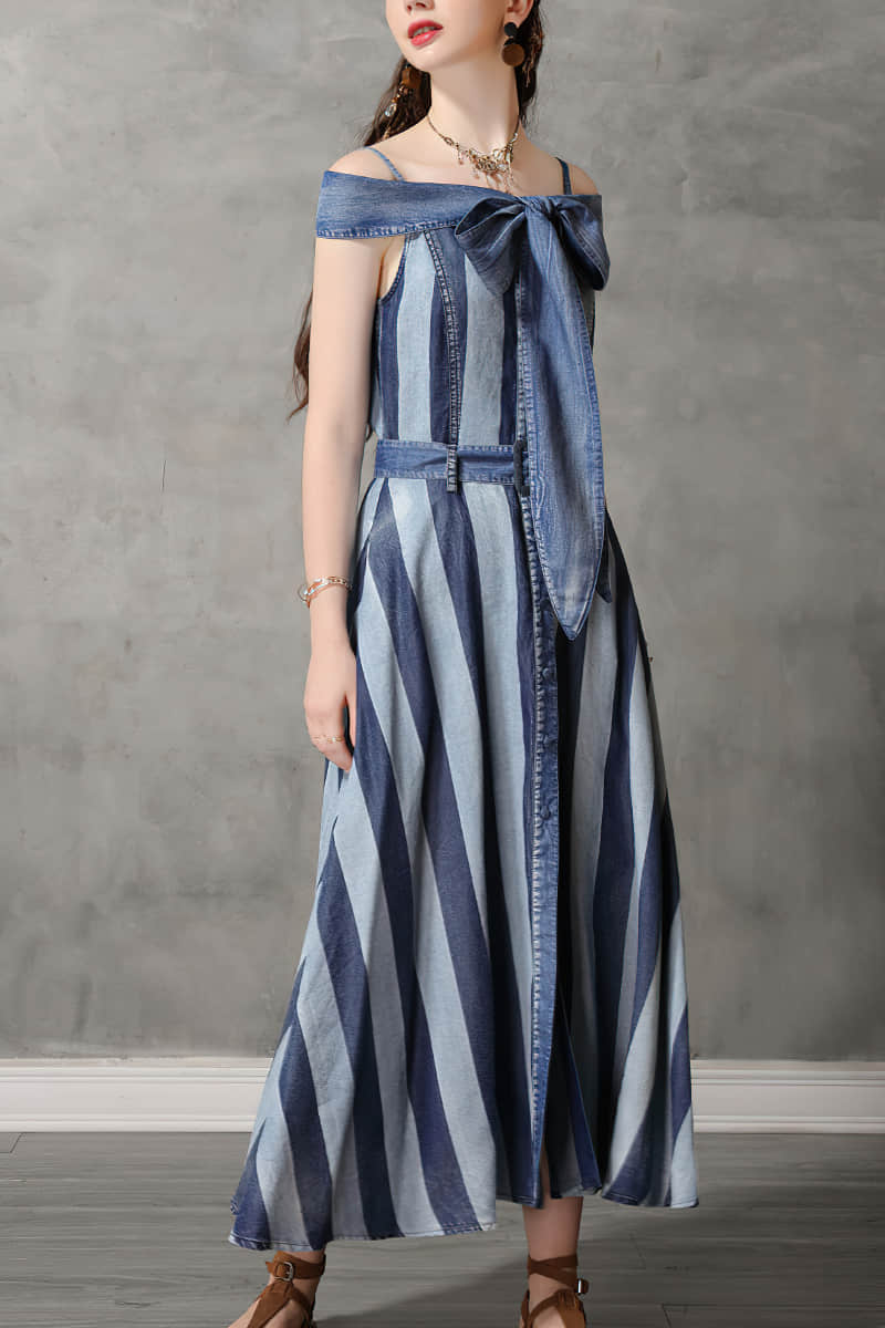 One-line neck camisole big swing skirt denim striped dress L | YonPop