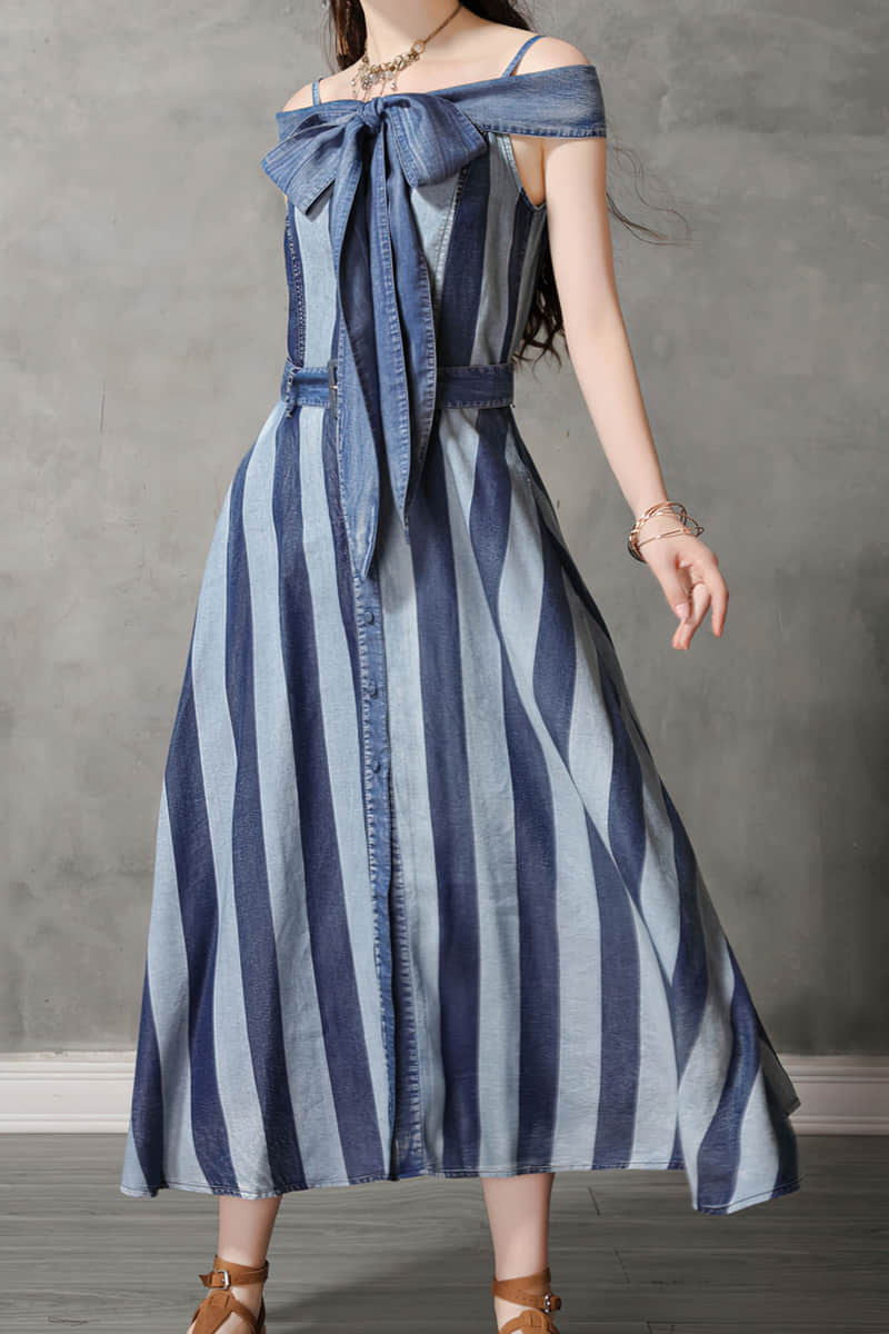 One-line neck camisole big swing skirt denim striped dress  | YonPop