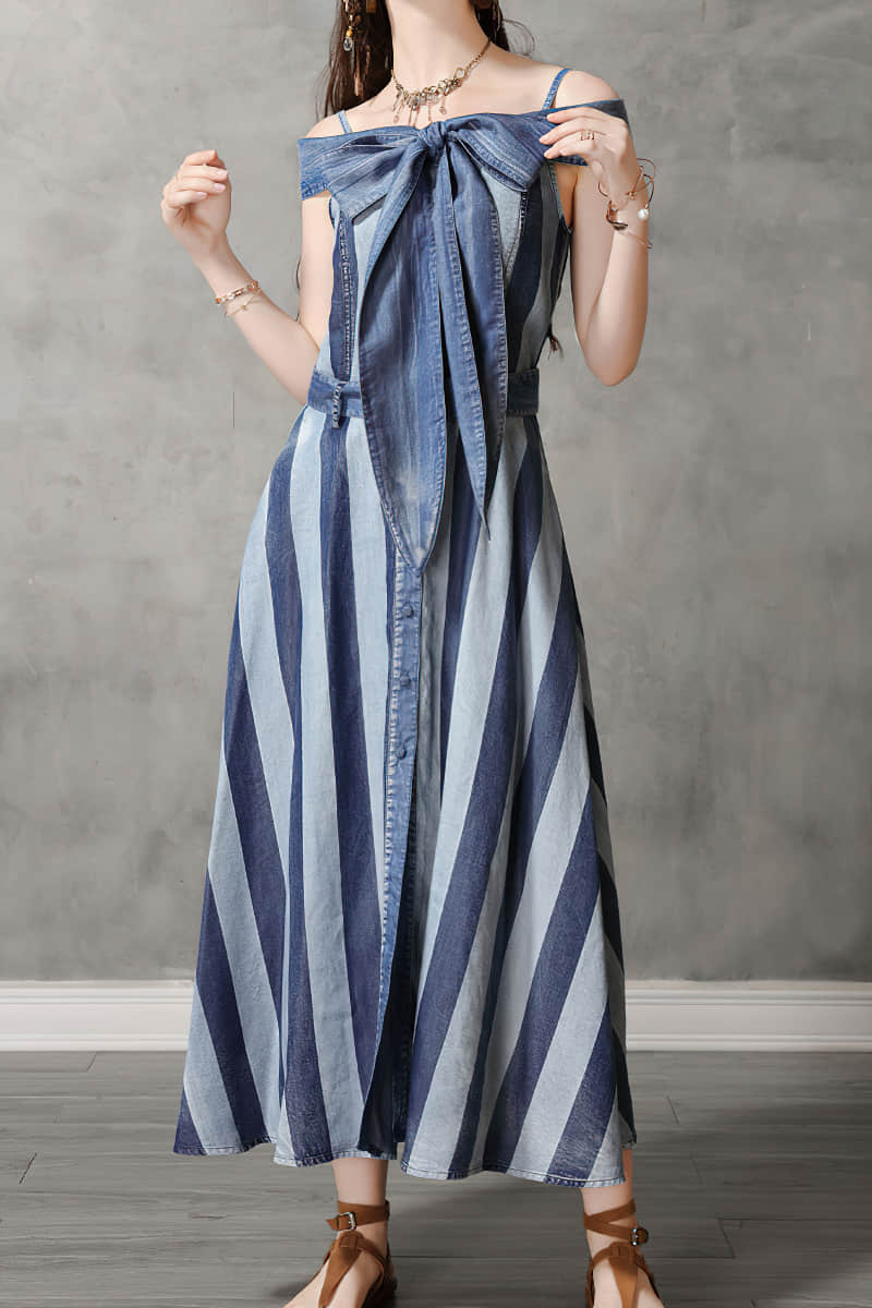 One-line neck camisole big swing skirt denim striped dress  | YonPop
