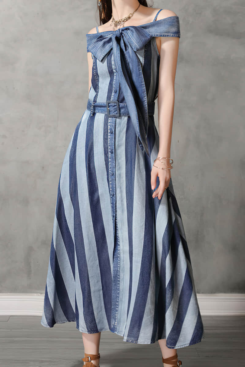 One-line neck camisole big swing skirt denim striped dress S | YonPop