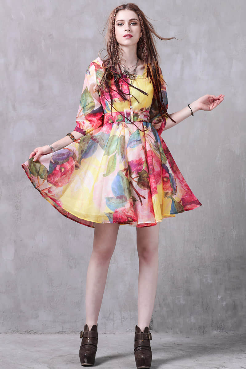 Puff sleeve print dress  | YonPop