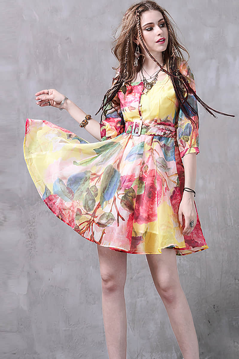 Puff sleeve print dress  | YonPop