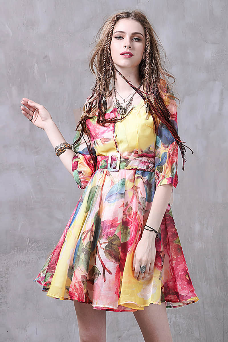 Puff sleeve print dress M | YonPop