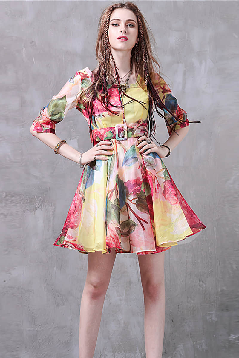 Puff sleeve print dress  | YonPop