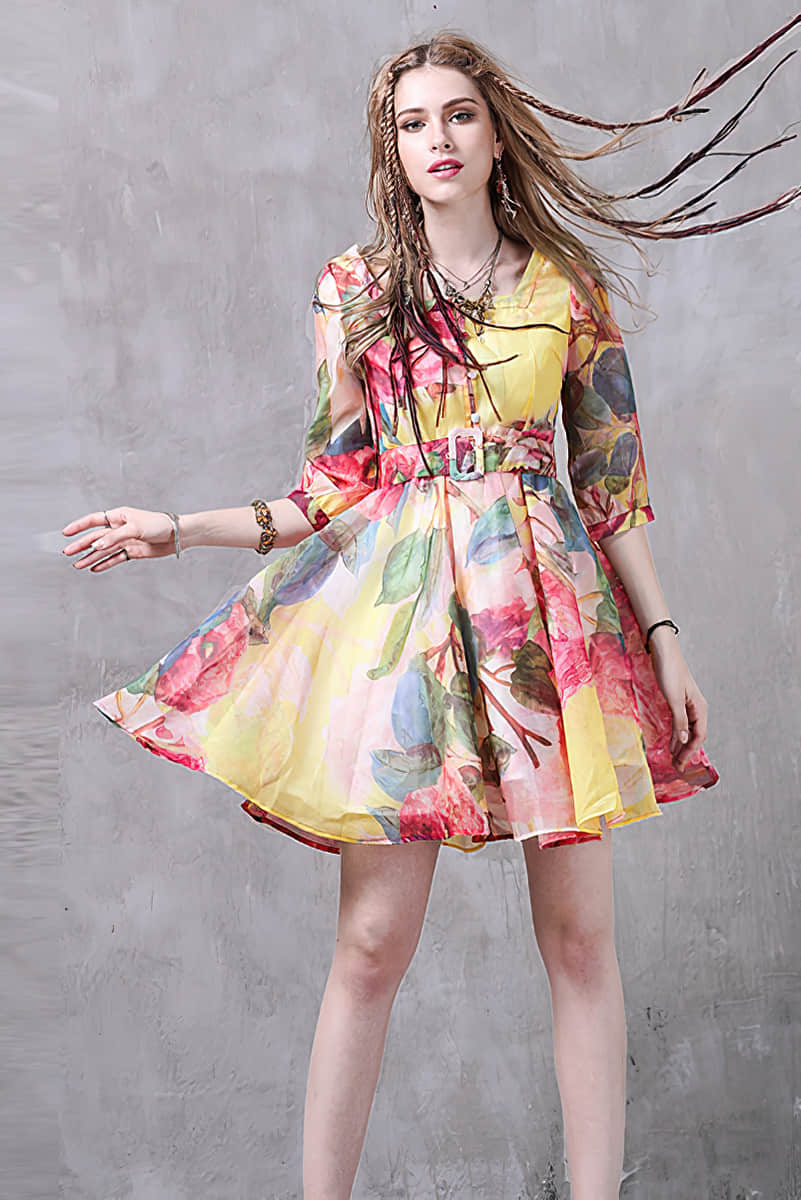 Puff sleeve print dress L | YonPop