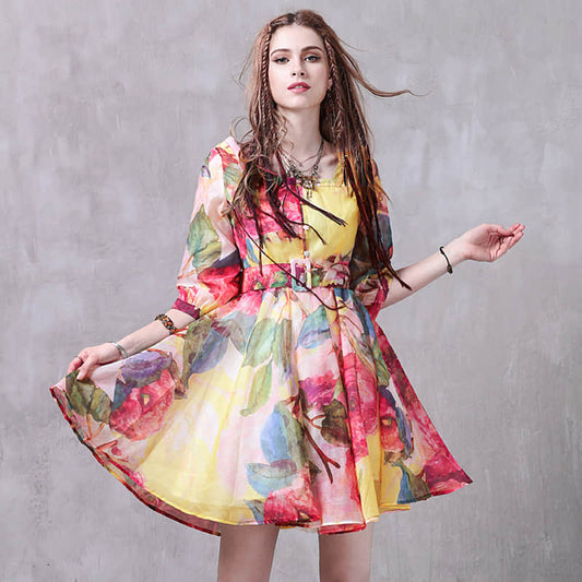 Puff sleeve print dress S | YonPop