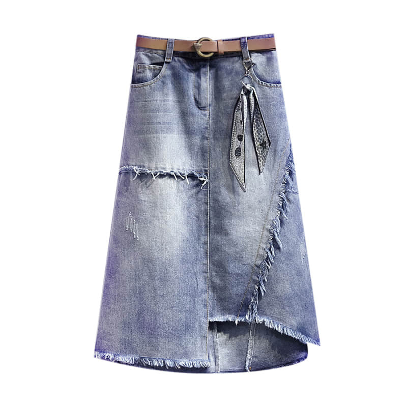 Mid-length irregular A-line skirt with raw edges