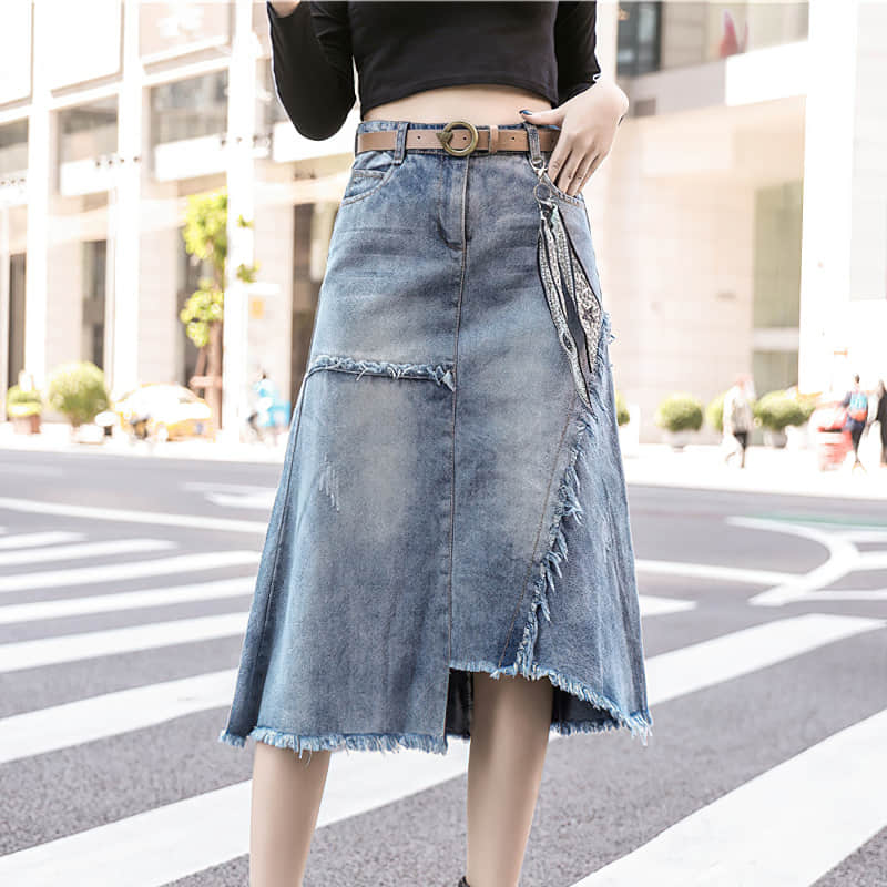 Mid-length irregular A-line skirt with raw edges 2XL | YonPop