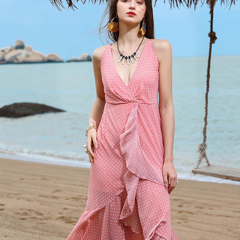 Pure Color Polka Dot V-Neck Sling Beach Dress Pink / M | YonPop