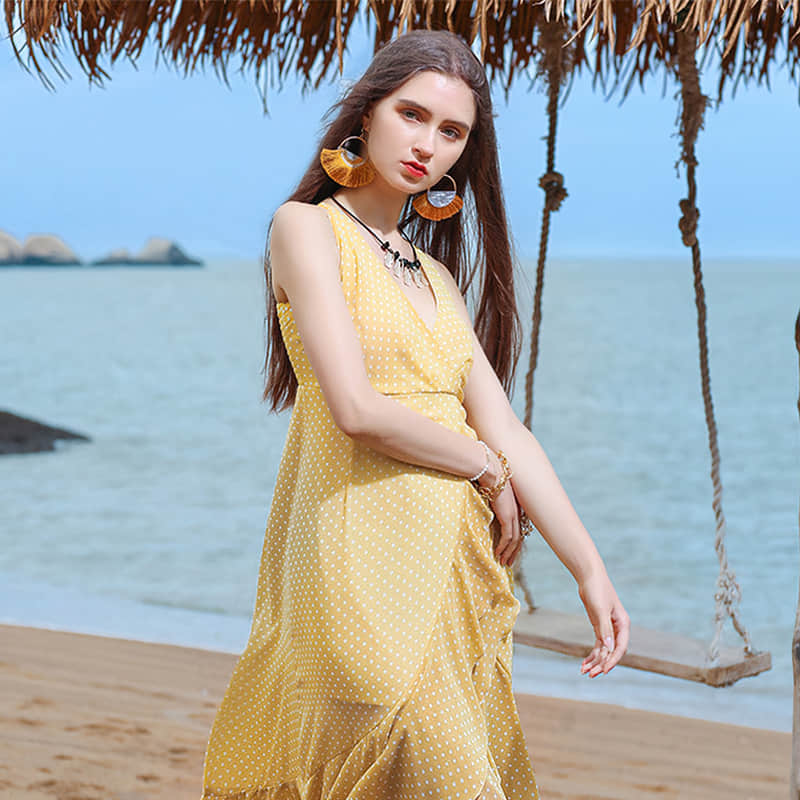 Pure Color Polka Dot V-Neck Sling Beach Dress  | YonPop