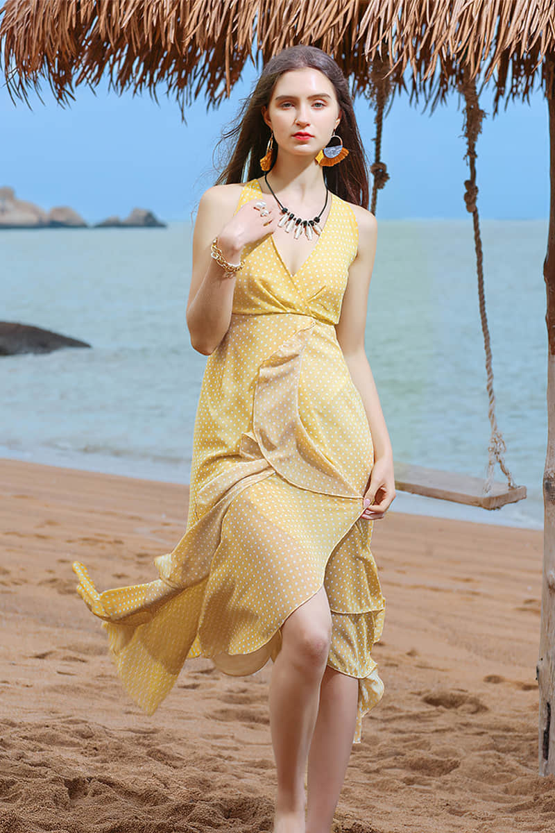 Pure Color Polka Dot V-Neck Sling Beach Dress Yellow / M | YonPop