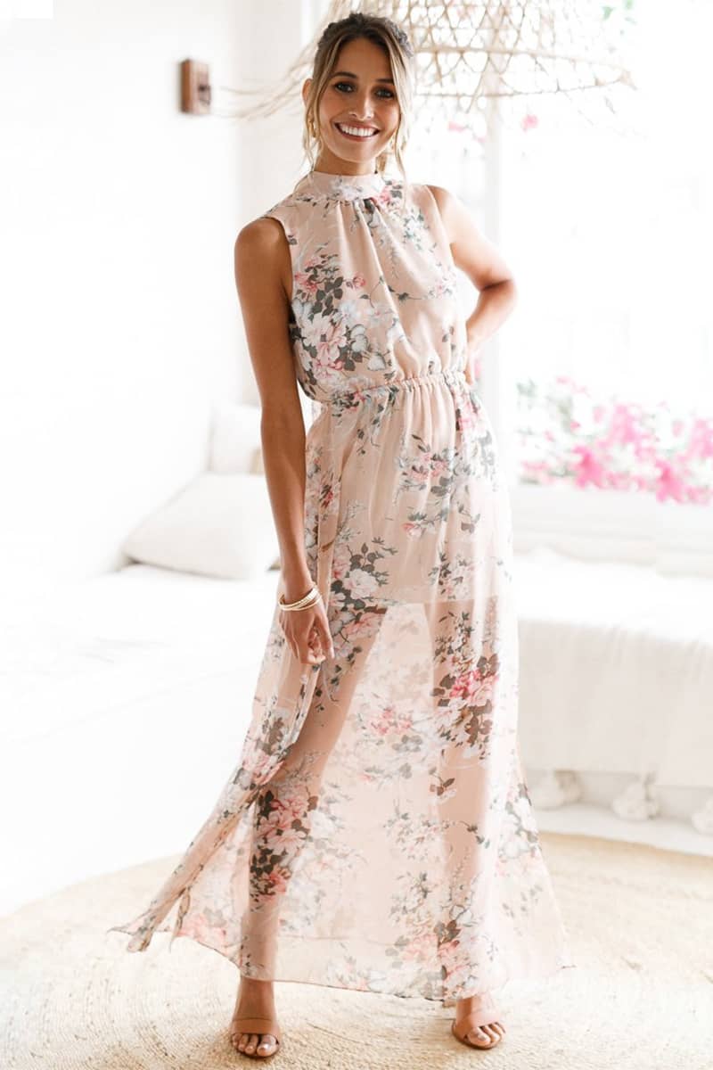 Long printed sleeveless dress with slits M | YonPop