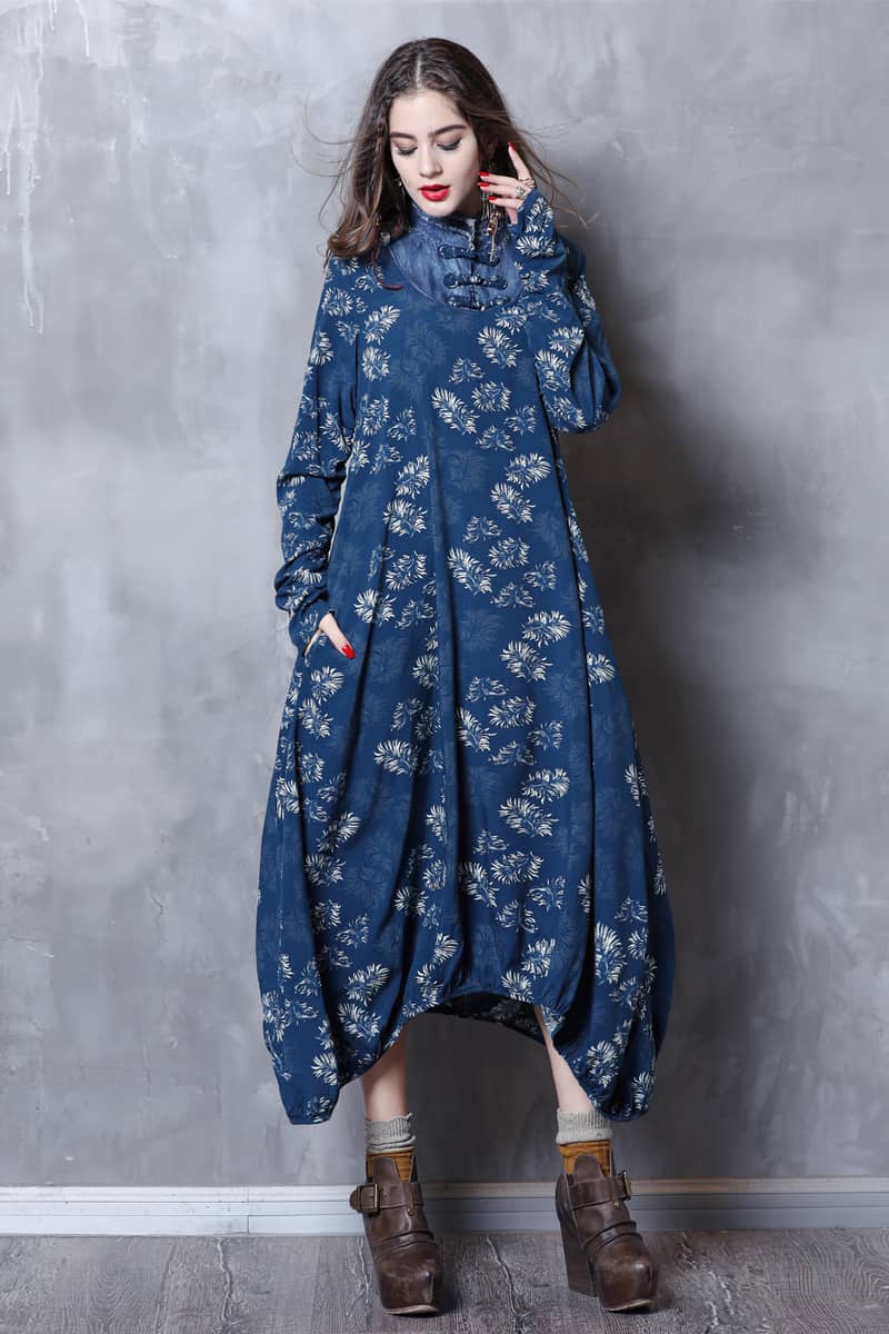 Stand-up collar printed dress  | YonPop