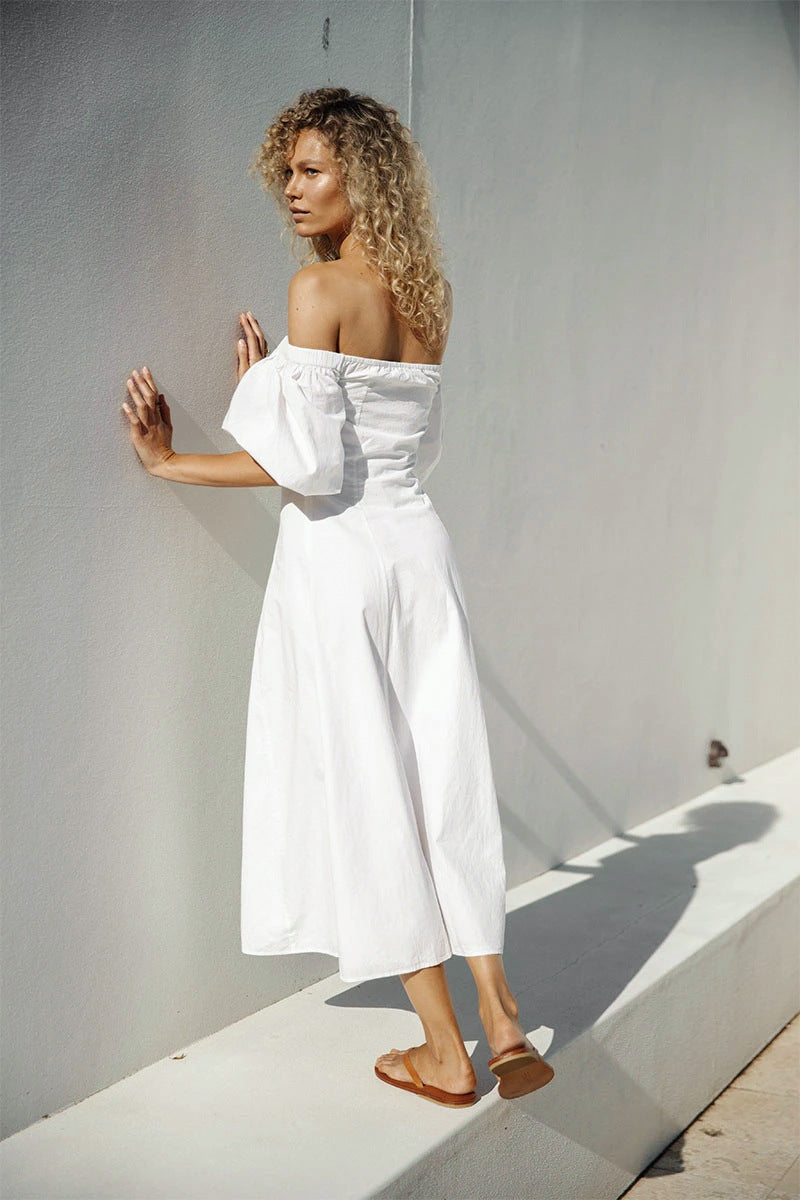 White one-shoulder lantern sleeve off-the-shoulder dress M | YonPop