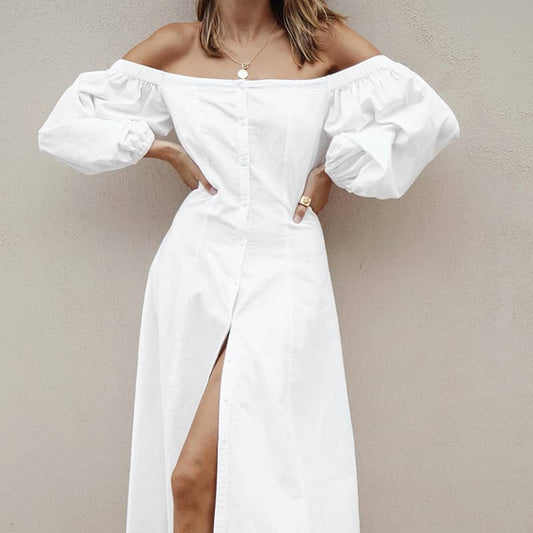 White one-shoulder lantern sleeve off-the-shoulder dress  | YonPop