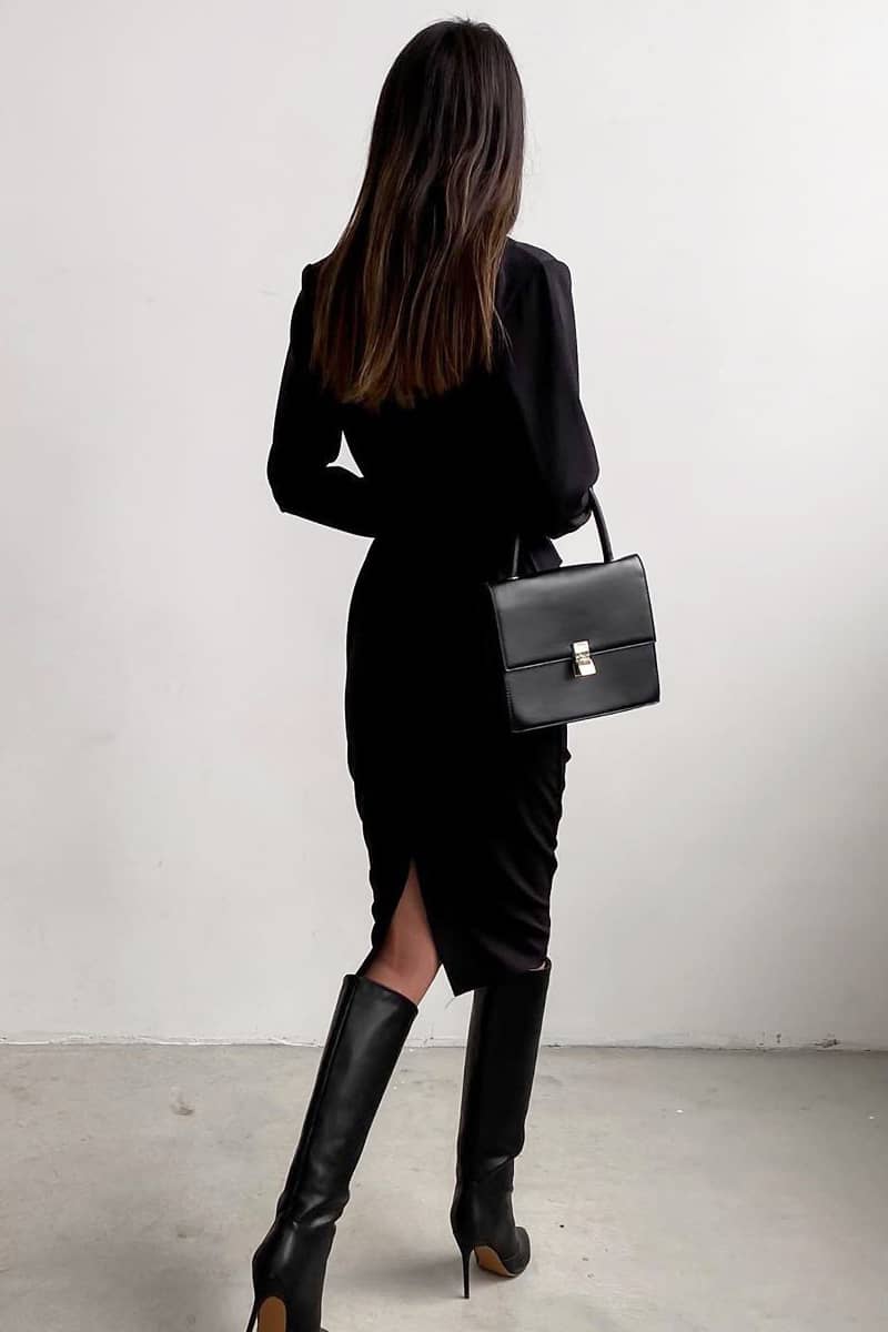 Women's round neck waist long sleeve dress Black / L | YonPop