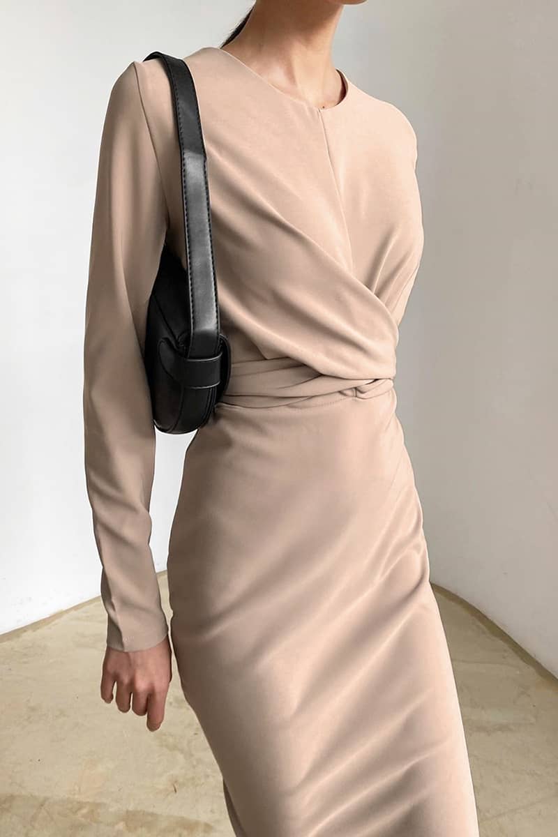 Women's round neck waist long sleeve dress FloralWhite / L | YonPop