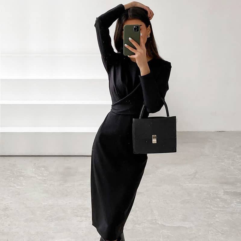 Women's round neck waist long sleeve dress Black / S | YonPop