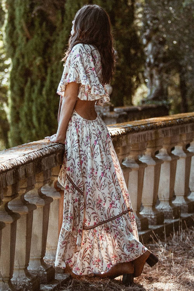 Boho Printed V Neck Dress with Tie Detail main image 1