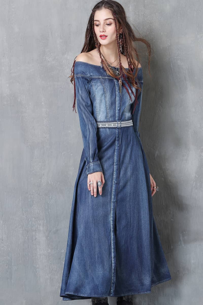 Washed denim dress with belt embroidered one-line collar M | YonPop