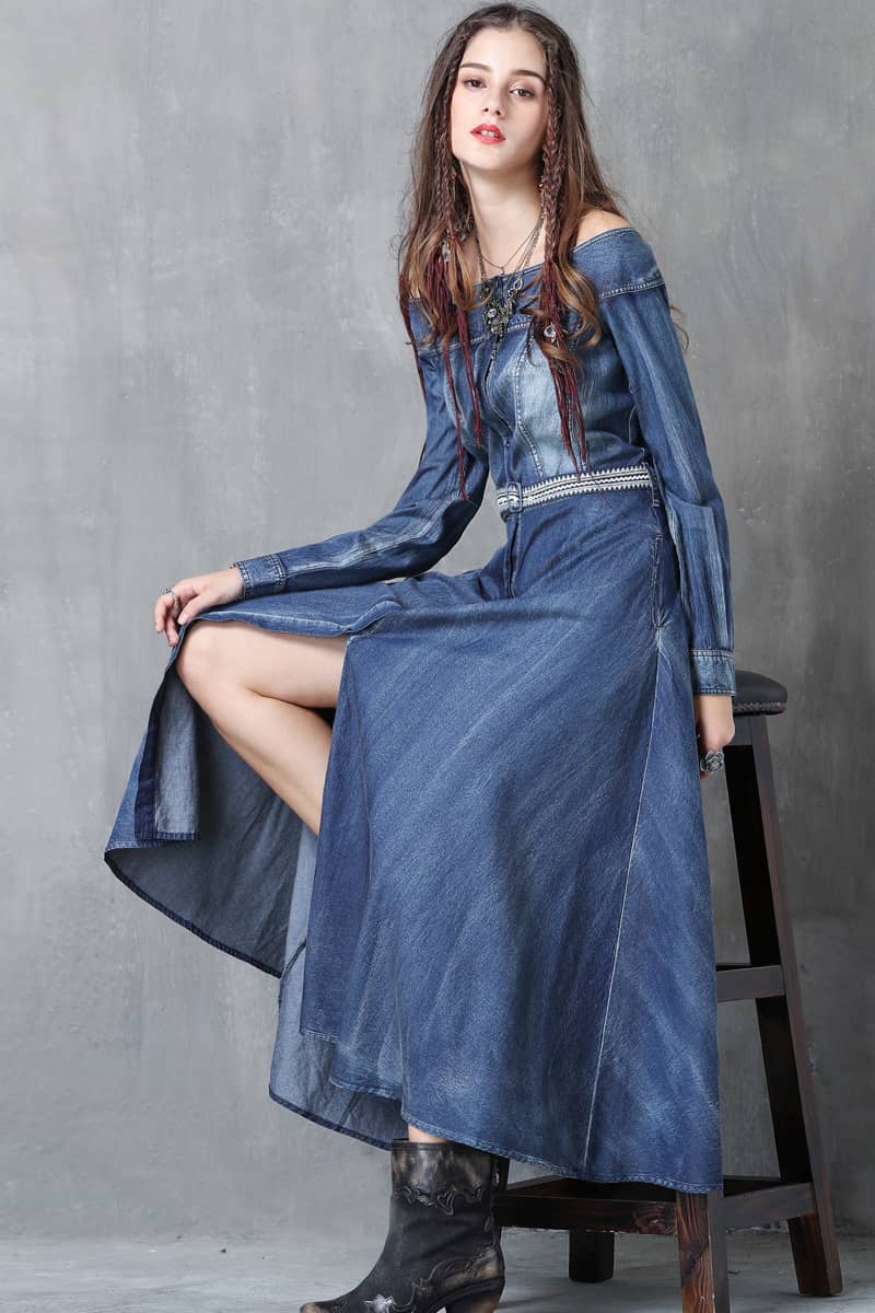 Washed denim dress with belt embroidered one-line collar L | YonPop