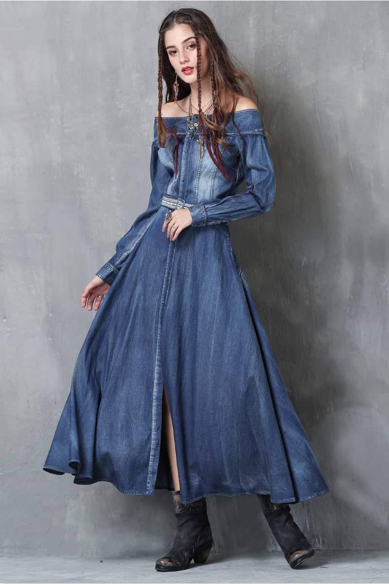 Washed denim dress with belt embroidered one-line collar XL | YonPop