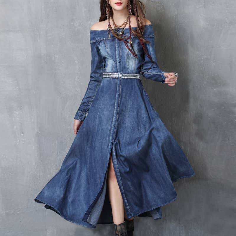 Washed denim dress with belt embroidered one-line collar S | YonPop