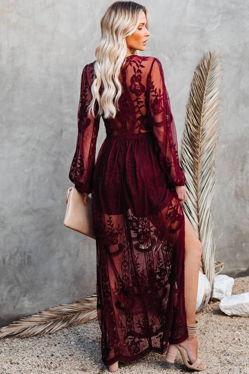 Lace long sleeve V-neck solid color dress Red / 2XL | YonPop