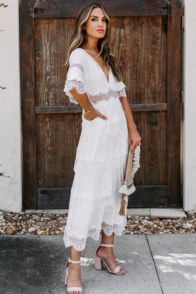 Tulle deep V pullover lace dress White / XL | YonPop