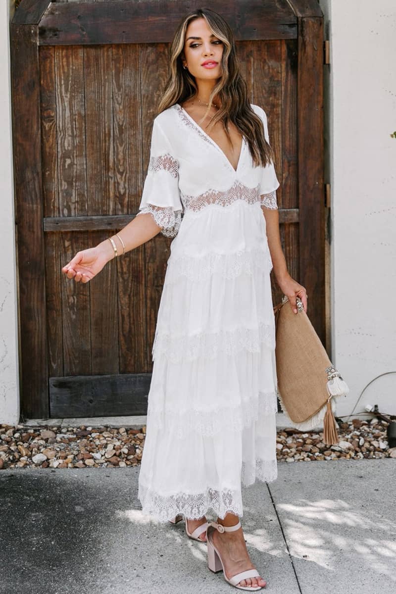 Tulle deep V pullover lace dress White / S | YonPop