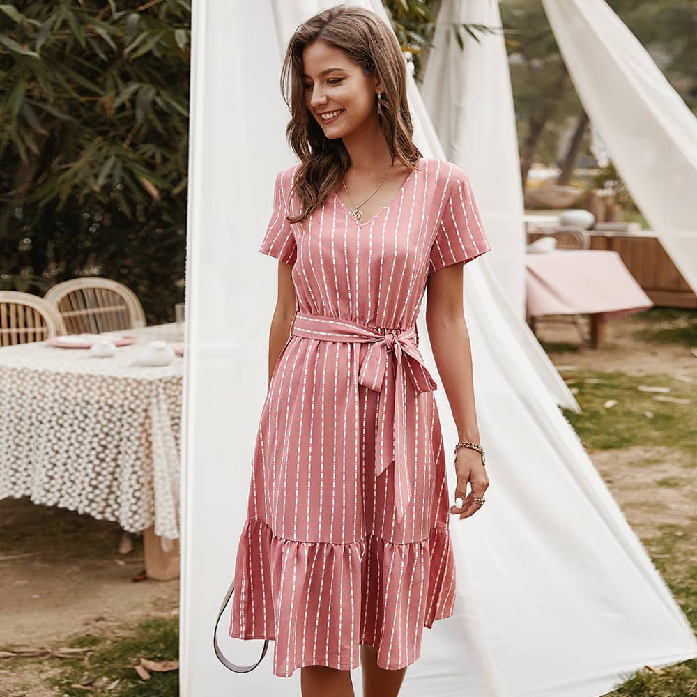 Women's V-neck sexy temperament striped dress Pink / S | YonPop