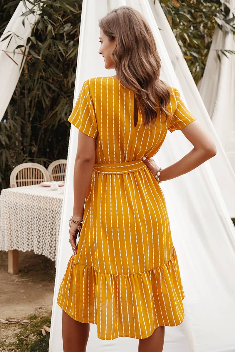 Women's V-neck sexy temperament striped dress Yellow / XL | YonPop