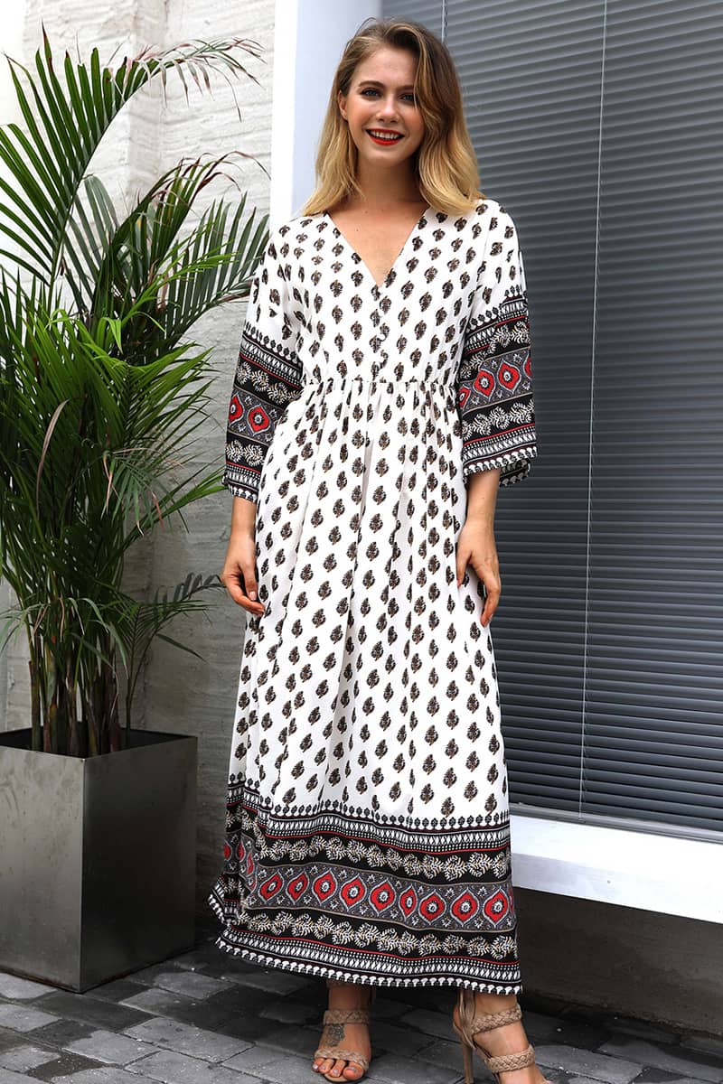 Bohemian waist contrast patchwork dress Red / M | YonPop