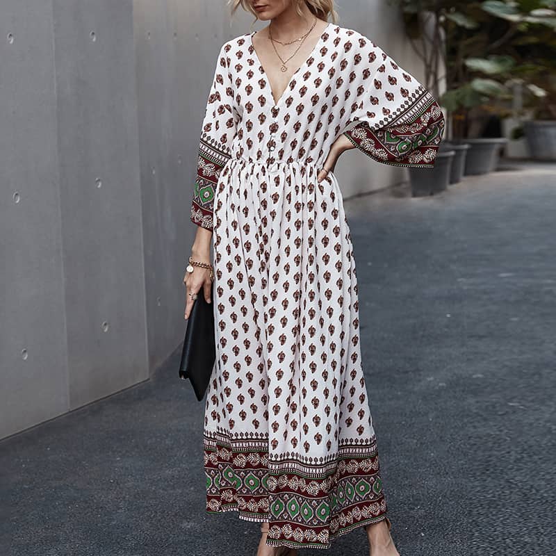 Bohemian waist contrast patchwork dress Green / S | YonPop