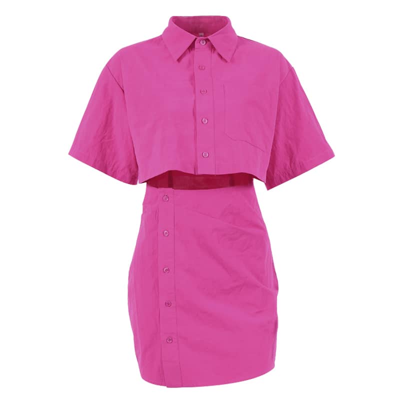 Hot pink short-sleeved shirt and hip skirt dress  | YonPop