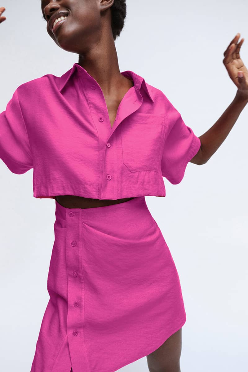 Hot pink short-sleeved shirt and hip skirt dress HotPink / L | YonPop