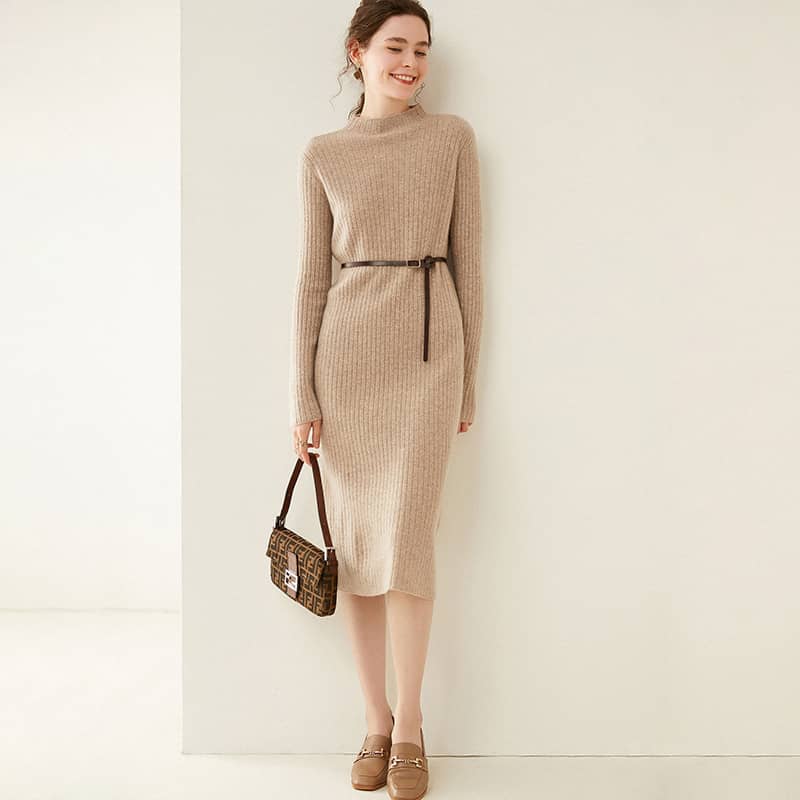 Half high collar cashmere knitted dress women