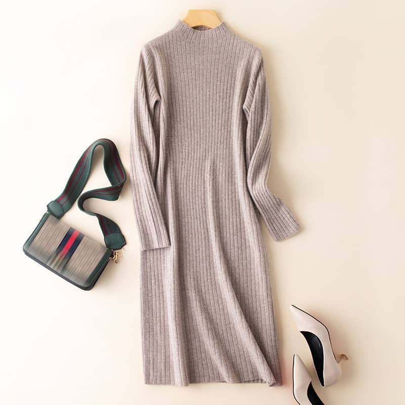 Half high collar cashmere knitted dress women