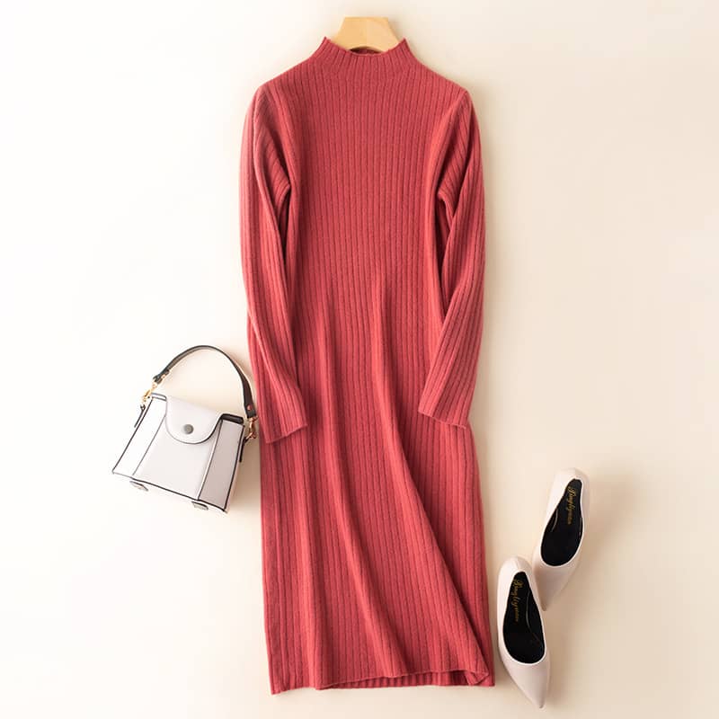 Half high collar cashmere knitted dress women