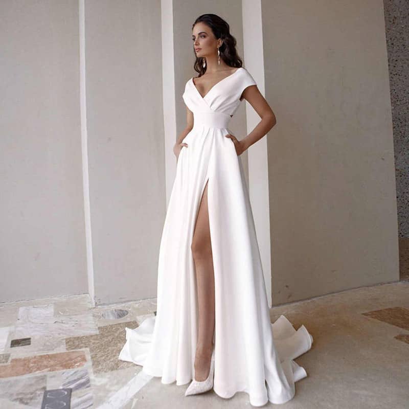 Robe longue blanche sexy à col en V